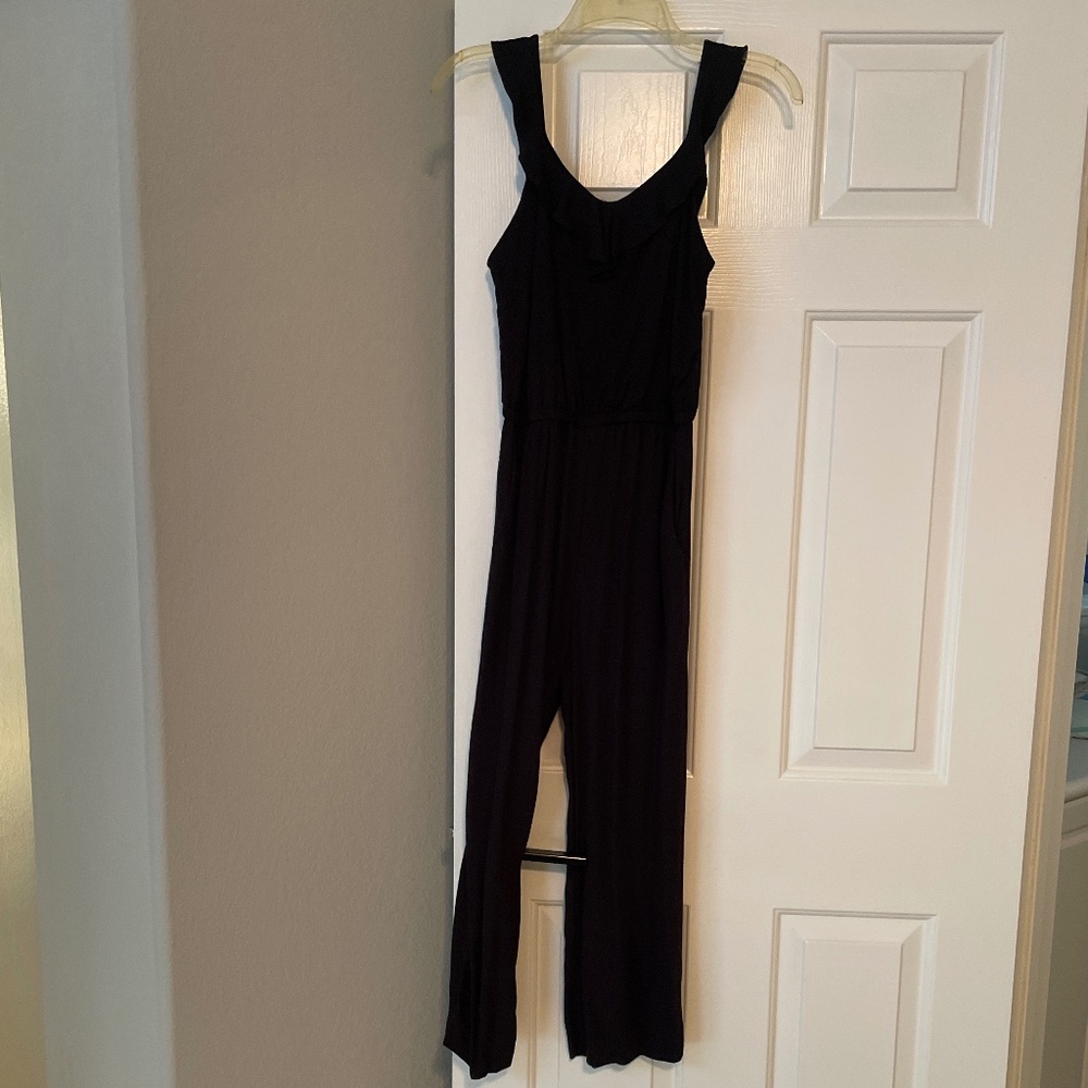 Loft Petite Ruffle Neck Mixed Media Jumpsuit size XSP